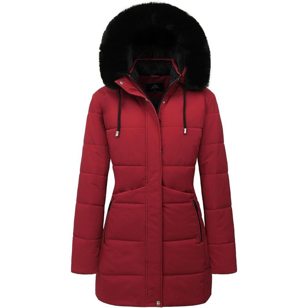 Women's Red Winter Puffer Coat Thicken Fleece Lined Down Jacket Waterproof
